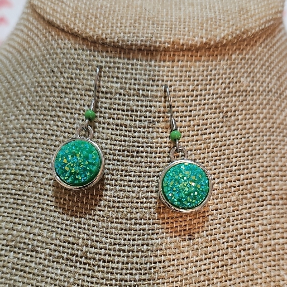 Green Druzy Dangle Hand Crafted Earrings.